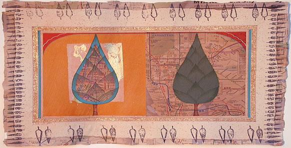 Talha Rathore, Talking to the Periphery, 2002. Gouache, collage, block printing & gold on wasli paper (detail).