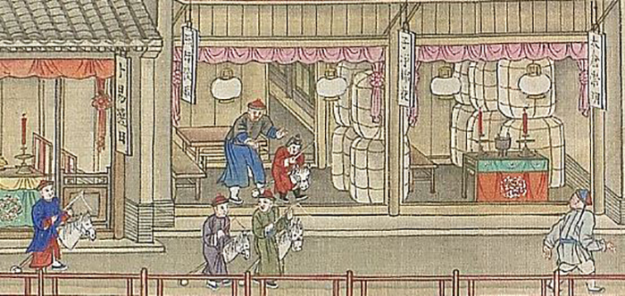 Store in Suzhou market selling fine cotton from Taicang and Chongming, two well-known cotton-producing areas in Jiangsu Province, from The Qianlong Emperor's Southern Inspection Tour, Scroll Six: Entering Suzhou Along the Grand Canal